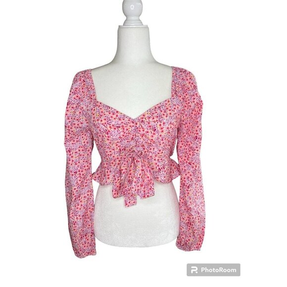 VERO MODA Womens Henna Floral Tie Front Cropped Top Size S Parfait Pink NWOT - Picture 2 of 6
